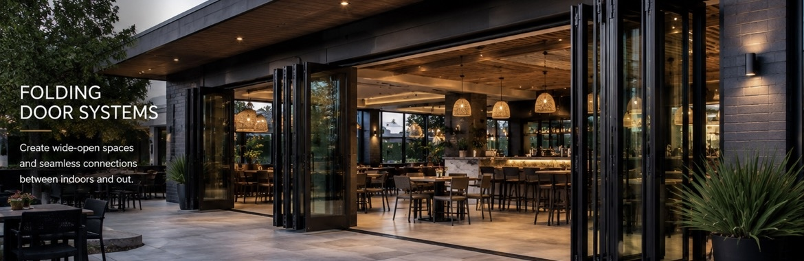 Folding door system opening a restaurant dining room to an outdoor patio
